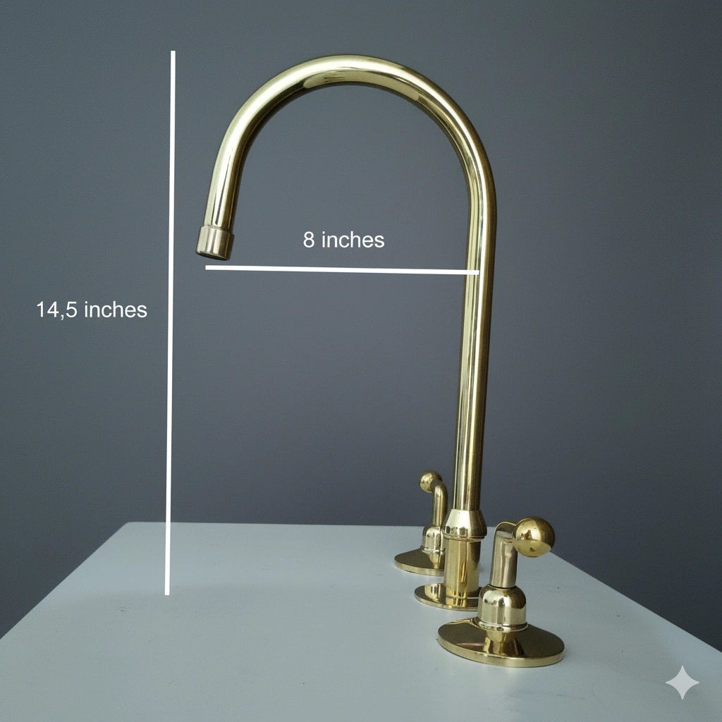 Gold kitchen faucet with measurements on a gray background