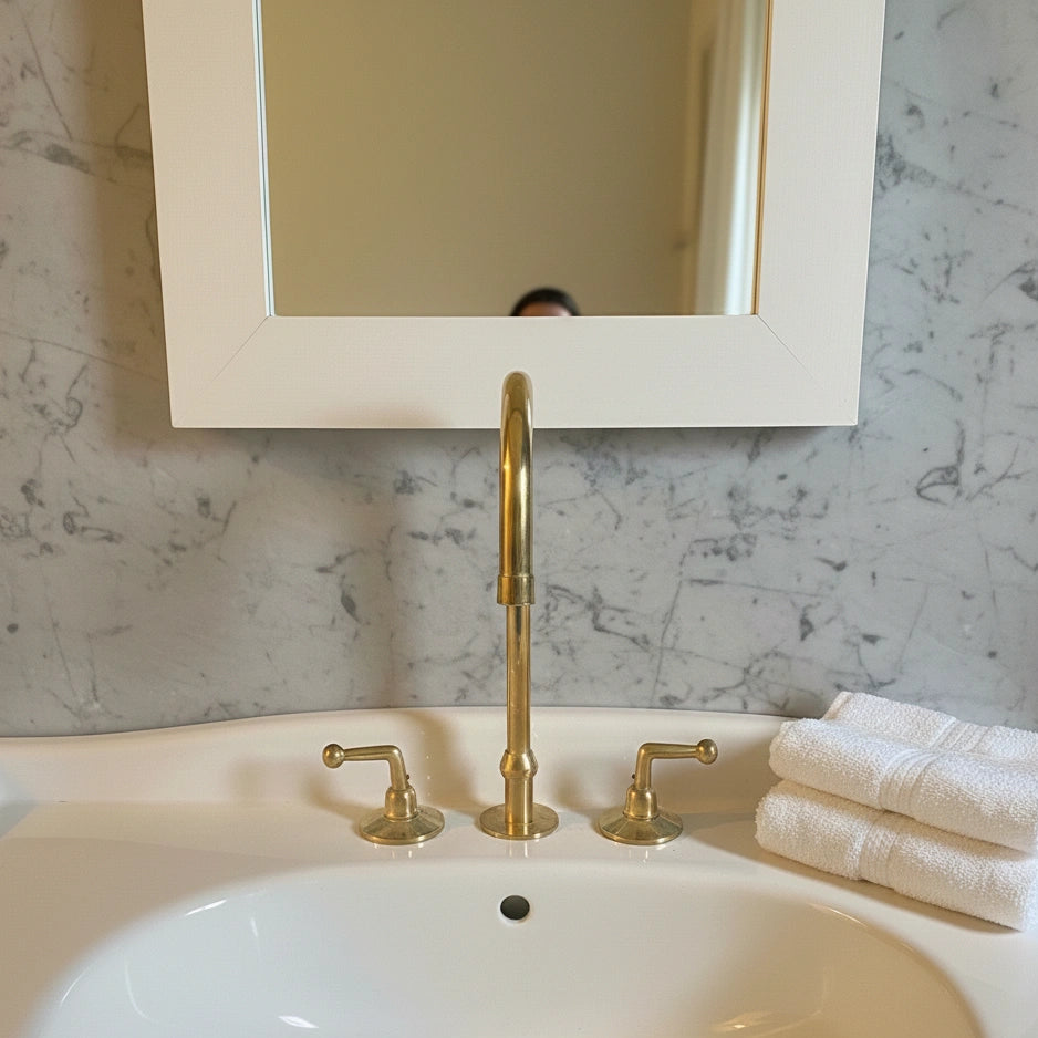 Bathroom sink with gold faucet and marble wall