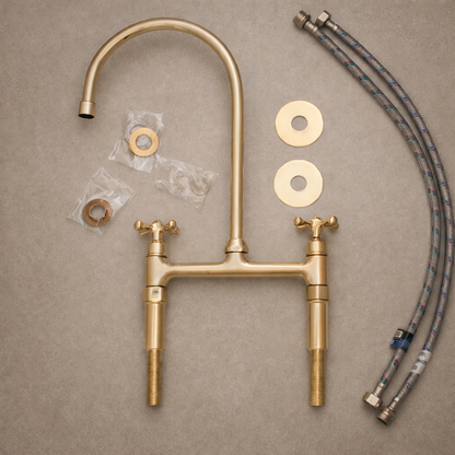 Unlacquered Brass Bridge Kitchen Faucet – Solid Living Patina Finish