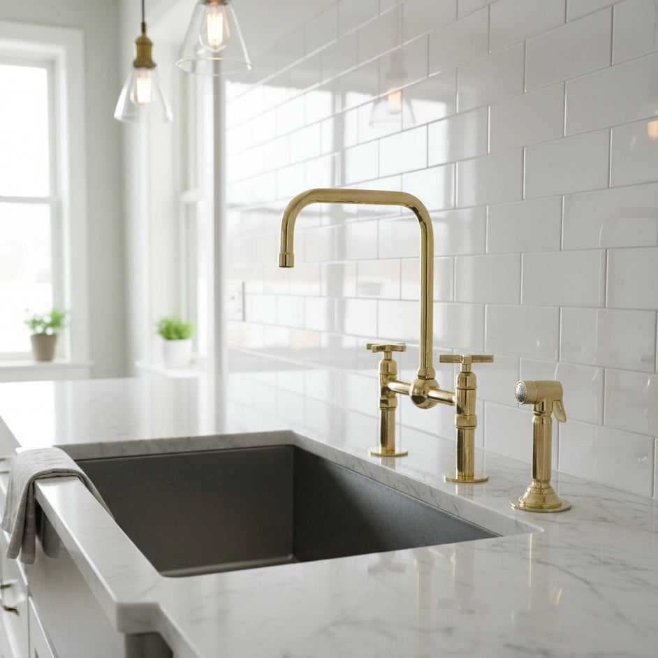 Modern kitchen with black sink and gold faucet against a white tiled wall.