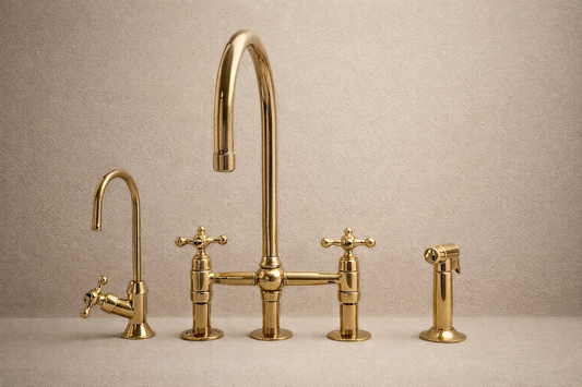 Unlacquered Brass Kitchen Bridge Faucet – Gooseneck Spout & Side Sprayer