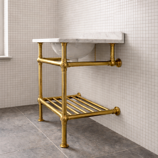 Brass Sink Console Base – Polished Solid Brass Washstand Frame With Shelf Rail