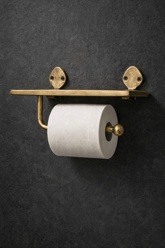Brass Toilet Paper Holder with Shelf – Wall Mounted Bathroom Tissue Roll Holder in Burnished Patina Finish